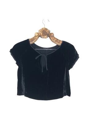 Theory Top Crushed Velvet Crop Short Sleeve with Center Bow Keyhole Black S NWT